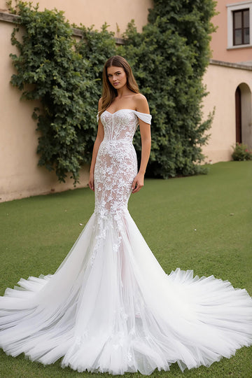 Robe de mariée corset corset à épaules vibrées en tulle dentelle ivoire